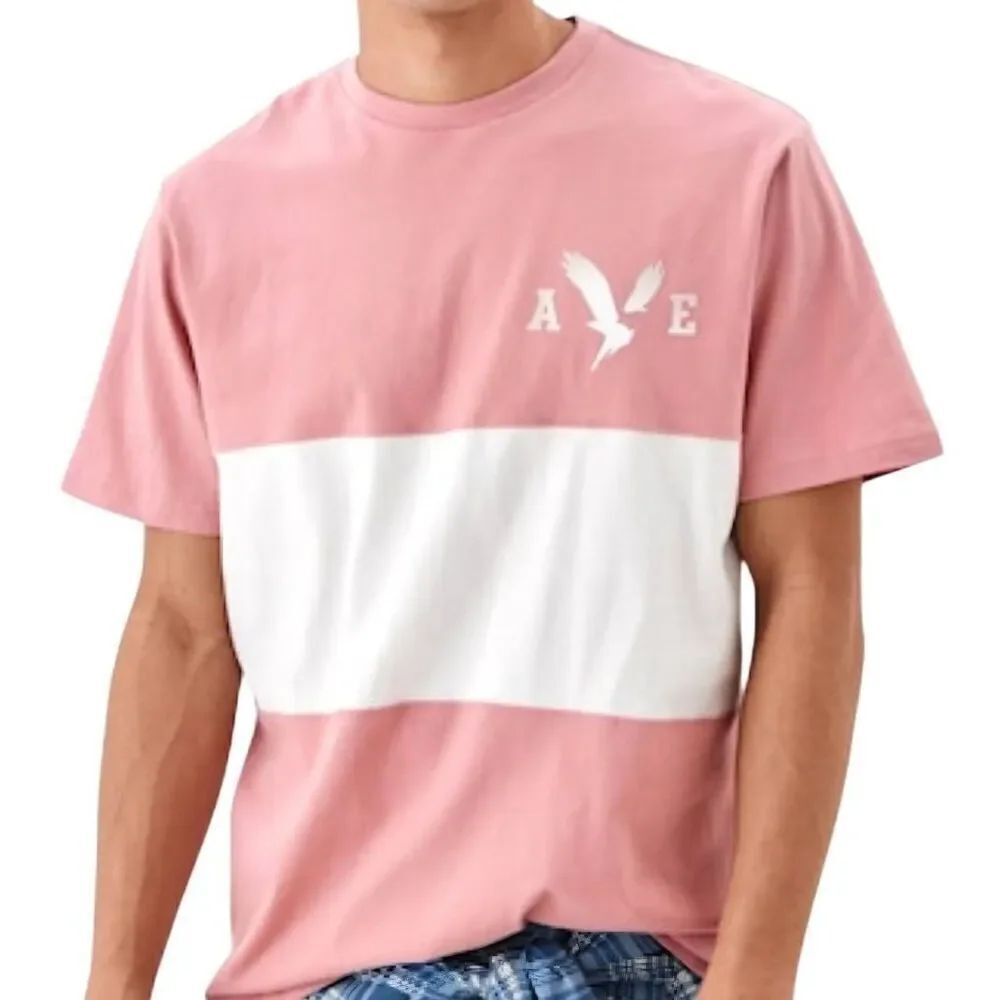 NWT American Eagle T-Shirt Men's Medium Pink White Stripe Graphic Super Soft